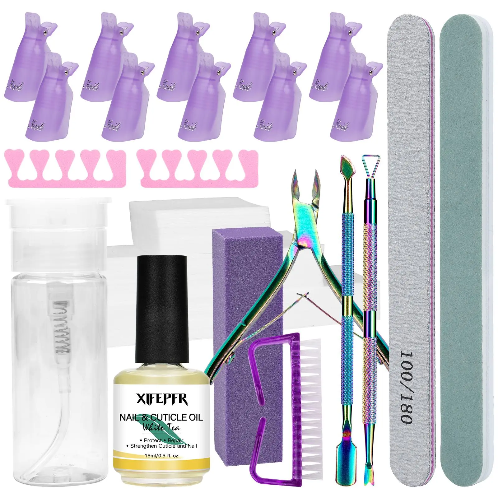 XIFEPFR Ultimate Gel Nail Polish Remover Kit 521Pcs with Nail Clips Wipes 100ml Pump Bottle Cuticle Oil Trimmer File Brush Gifts for Women
