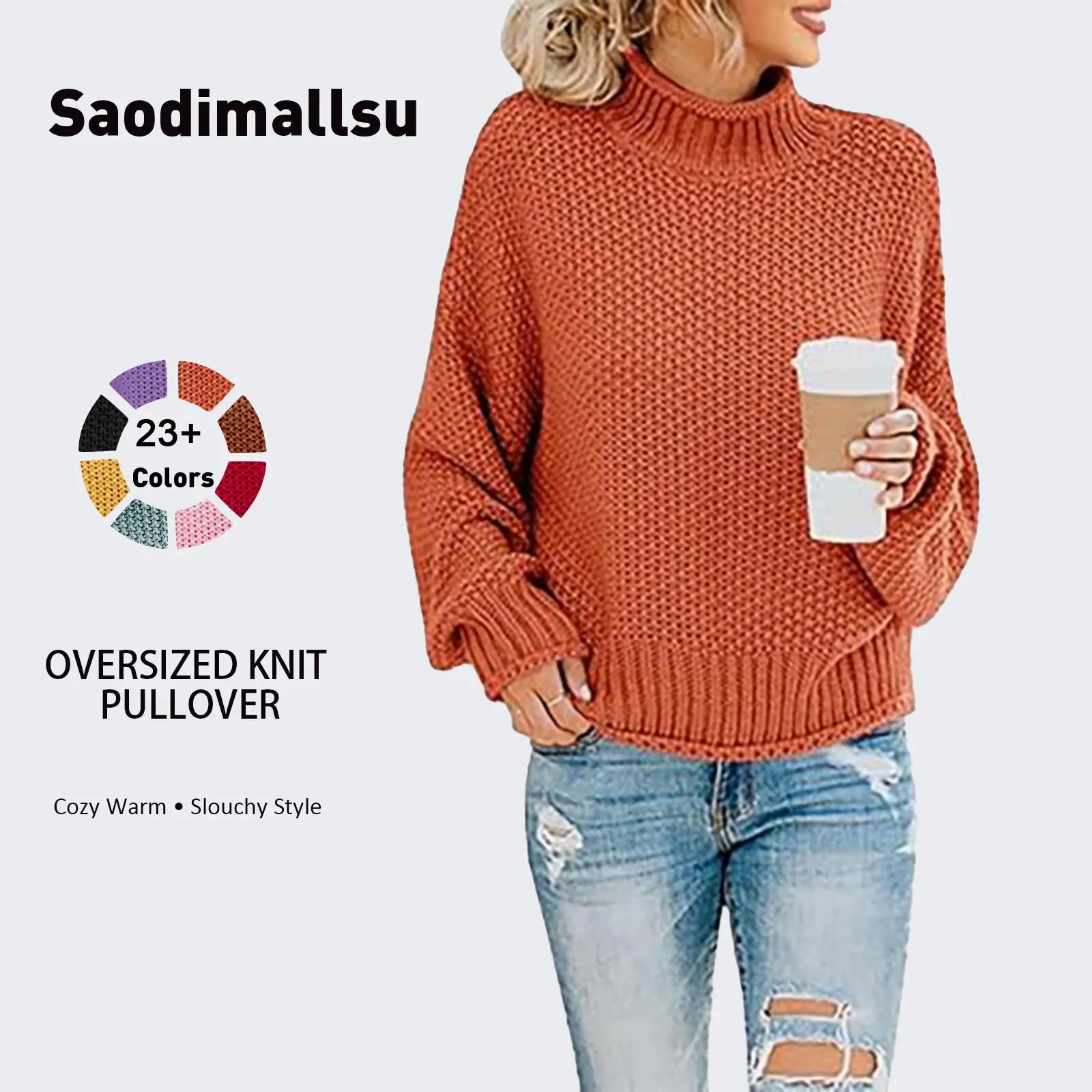 Saodimallsu Women's Oversize Loose Casual Wear Turtleneck Batwing Sleeves Chunky Knitting Long-Sleeve Pullover Top, Christmas & Valentine's Day Outfit