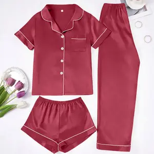 Women's Simple Solid 3-Piece Pajama Set - Collared Short Sleeve Shirt, Elastic Waist Bottoms, Silky Comfort Sleepwear