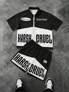 Harsh Cruel Retro Colorblock Motorcycle Style Set, Casual Sportswear, Open Collar Short Sleeve Tee with Waistband Shorts, Unisex Sportswear, Loose-Fitting Summer Outfit