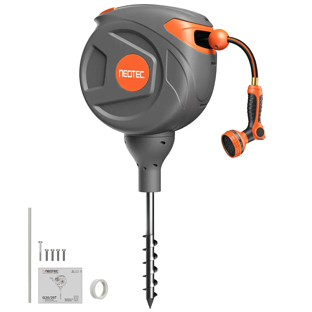 NEOTEC No-Drill Ground-Mounted Retractable Garden Hose Reel 50 ft x 5/8 Inch, Freestanding 360° Swivel Water Hose with Any-Length Lock & Slow Return for Large Yard & Lawn