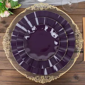 10-Pack Disposable Plastic 9" Round Dinner Plates, Purple Ruffled Rim with Gold Edging, Sturdy Home & Festive Party Tableware