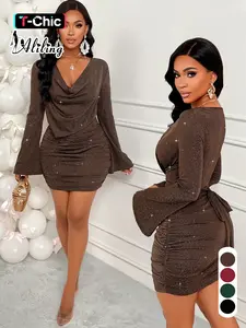 Sexy Draped Neck Flare Sleeve Tie Waist Ruched Party Mini Dress With Glitter Knitted Fabric, Elegant Sexy Casual, Wedding Guast, Halloween Day, Christmas Day, Fall/Winter Clothes For Women