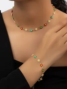 Simple Fresh Colorful Cute Sunflower Oil-Drop Necklace Bracelet Set, Random Colors, Fashion Jewelry for Women and Girls, Fashionable Jewelry Set