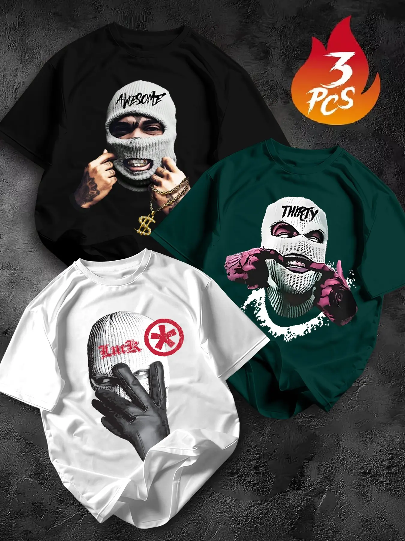 Men's Streetwear Masked Man Series Print Three-Piece Set, Loose Fit Casual Short Sleeve Crewneck Round Neck T-Shirts, Perfect for Daily Wear and Events, Menswear