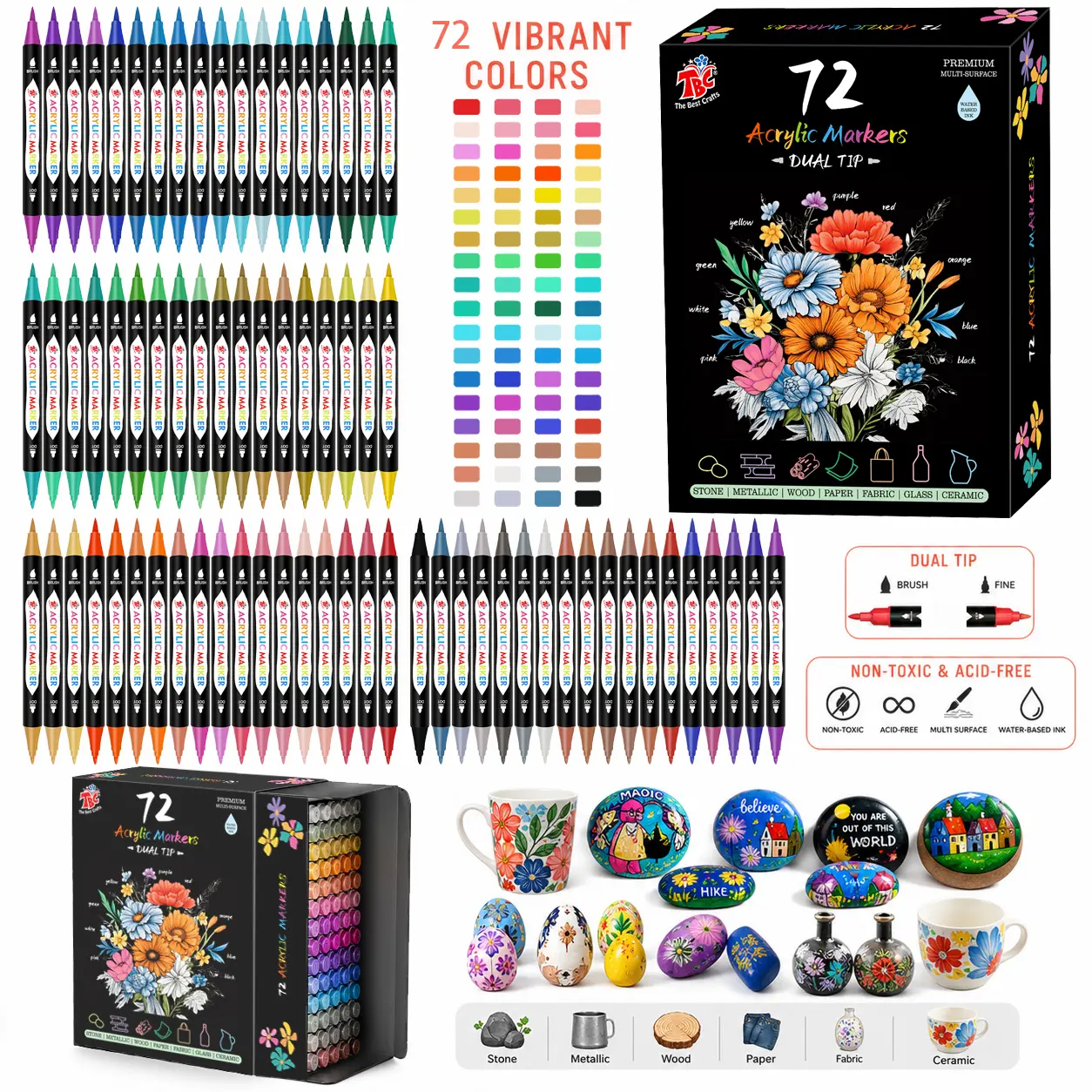 TBC 72-Color Dual-Tip Acrylic Markers - Brush & Nylon Bullet Head, Waterproof Non-Toxic Paint Pens, Portable Art Supplies, Crafting Supplies for DIY Painting Projects on Wood, Office Stationery Writing Tools