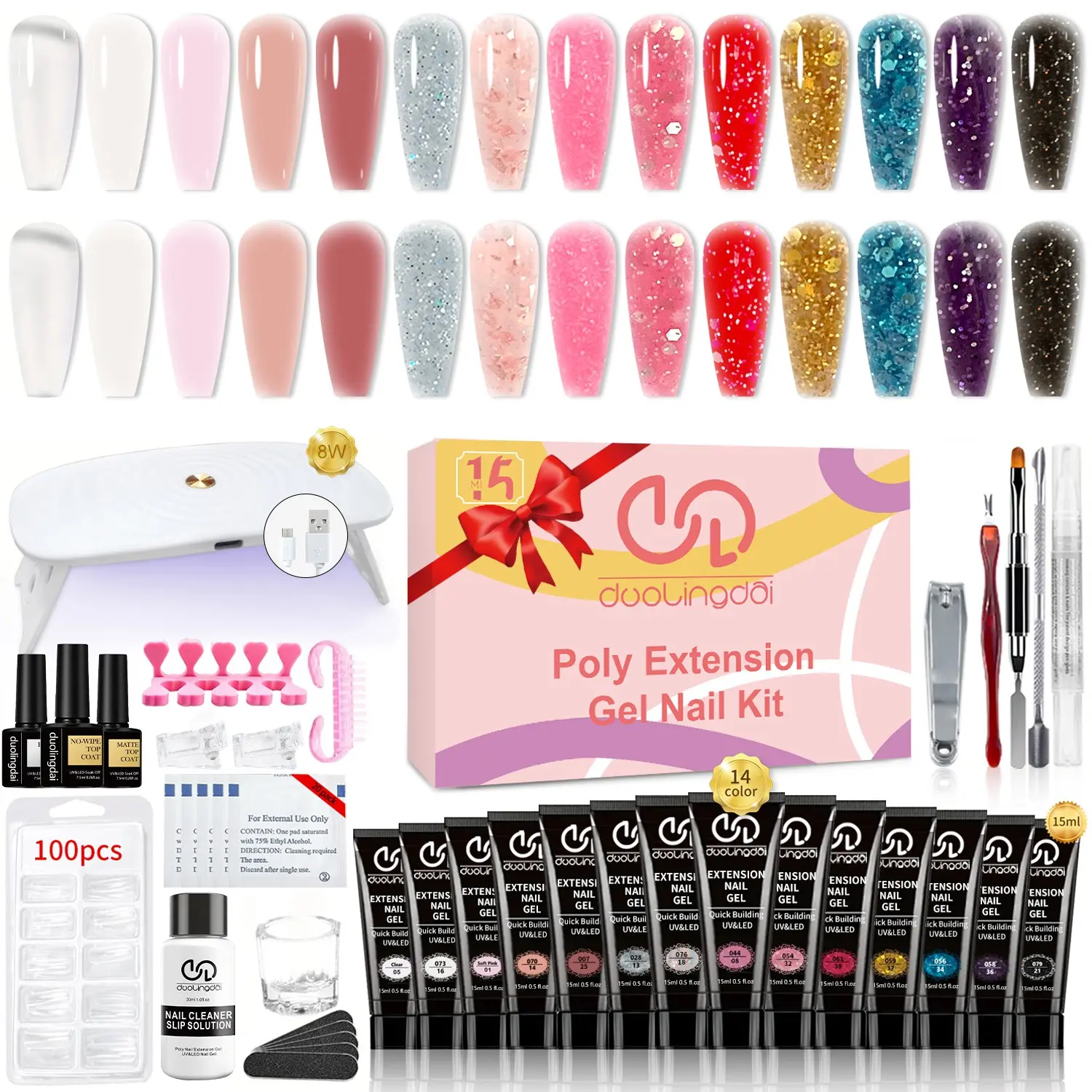 Long-lasting Poly Gel Nail Art Manicure Kit, 1 Set 14 Colors Glitter Poly Nail Polish Gel Kit with UV LED Nail Lamp & Nail Brush, Professional Nail Art Kit for Beginners, Nail Supplies, Nail Extensions, Polygel Nail Kit