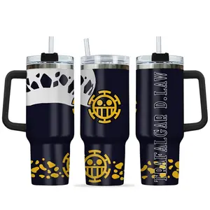 Trafalgar D. Law 40oz Tumbler with Handle and Straw, Stainless Steel Vacuum Insulated Cup, OP Jolly Roger Skull Design, Anime Merch, Anime Tumbler