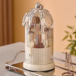 Elegant Makeup Brush Holder Storage Box, Transparent Door Cover, 360° Rotating Sliding Opening, Dust-Proof Container for Vanity, Bathroom, Desk