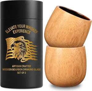 2PCS Oak Charred Whiskey Glass - Handcrafted Premium Oak Whiskey Tumbler, Unbreakable Old Fashioned Glass, Unique Wooden Bourbon Drinking Glass for Men