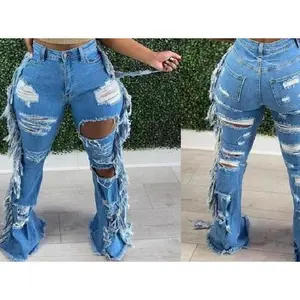 Street Jeans! 2025 Ripped Tassel Light Blue Maxi Denim with Pockets Casual High Rise Bootcut Hem Womenswear Bottom Basic Fitted Streetwear Trouser