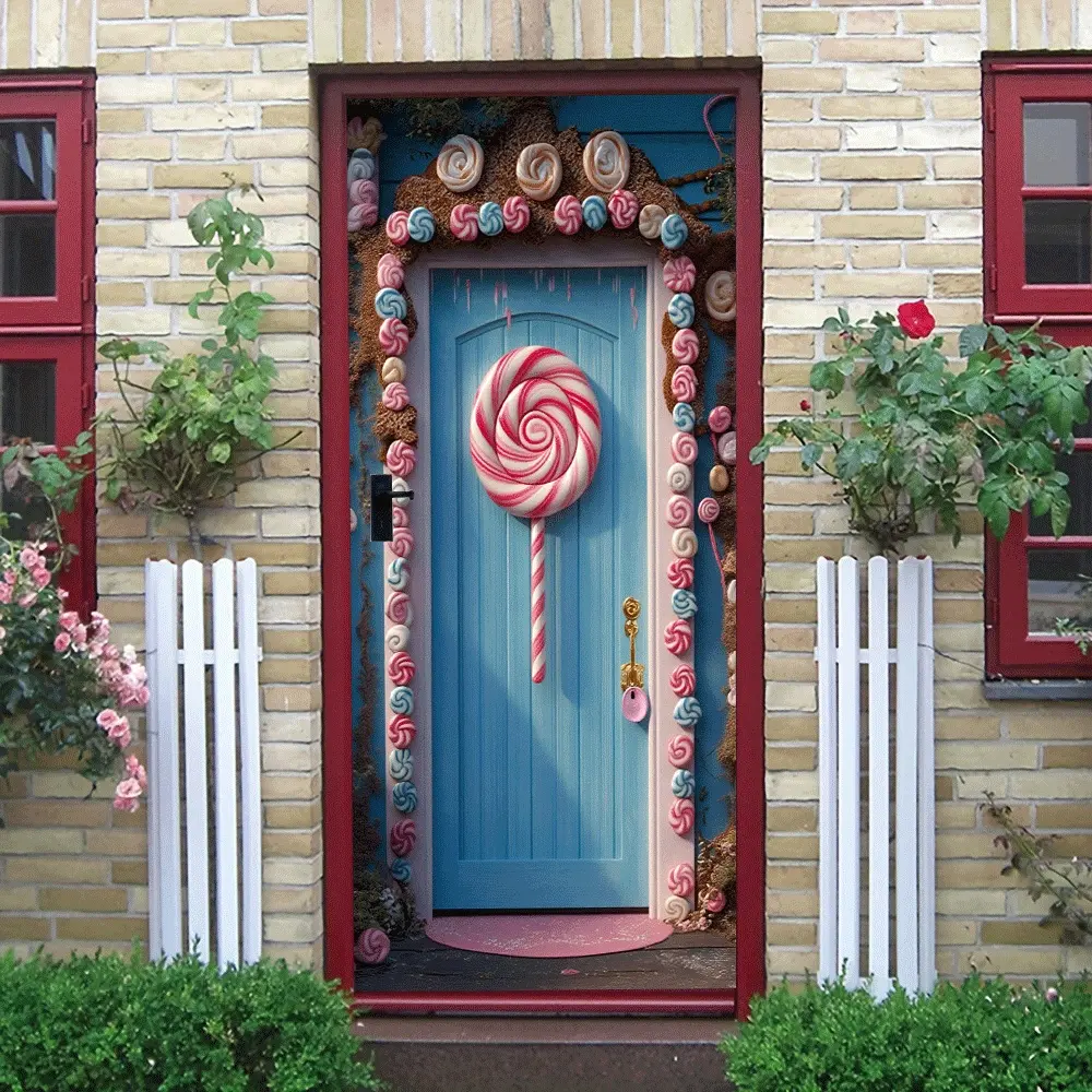 2pcs Cartoon Candy House Decorative Door Wall Sticker Kids Room Bedroom Background Wall Decal Creative Sweet Elements Self Adhesive Wallpaper Kindergarten Classroom Decoration Environmental Protection PVC