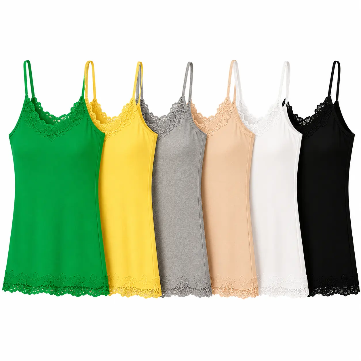 【6 Pack】Womens Lace Trim Camisole Tank Tops, Spaghetti Strap Cami Undershirts, Non Padded Basic Layering Tanks, Soft Breathable Stretch Sleeveless Shirts, Summer Slim Fit Undershirt for Women, No Adjustable Straps, Multi Color Value Pack for Daily Wear, C