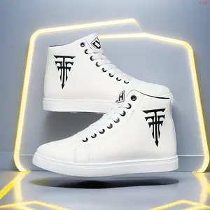 LISM Men's High-Top Skate Sneakers, White Casual Lace-Up Shoes with Black Logo Design, All-Season Comfort for Outdoor Walking, Running & Casual Attire, Skate Shoes