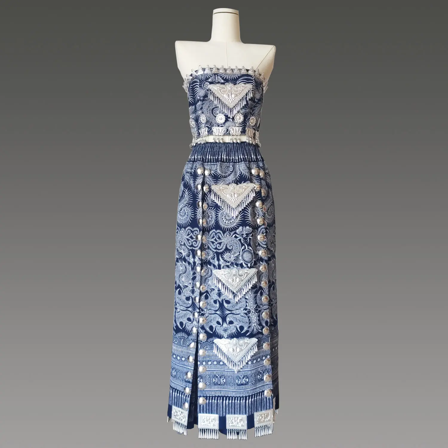 aethno Miao Ethnic Style 3-Piece Clothes Set | Handmade Embroidered Indigo Fabric Dress with Traditional Silver Accessories, Fashion, Matching, Elegance, Statement, Embroidery, Women, Strapless, Three-Piece