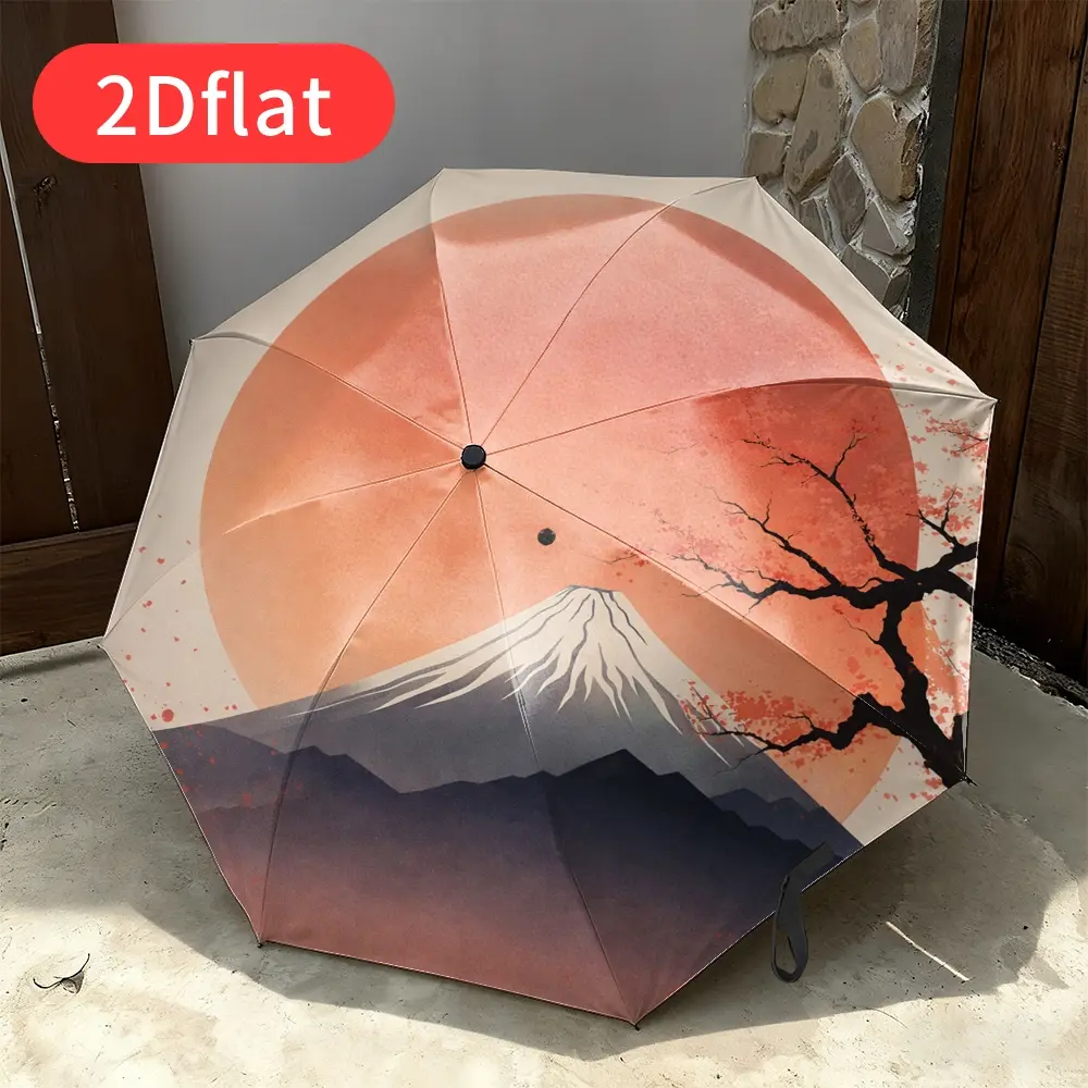 A Japanese-style folding umbrella featuring Mount Fuji, cherry blossoms, and leafless branches—automatic open/close mechanism, 8-rib frame, compact travel size, fits easily into backpacks, suitable for all occasions,