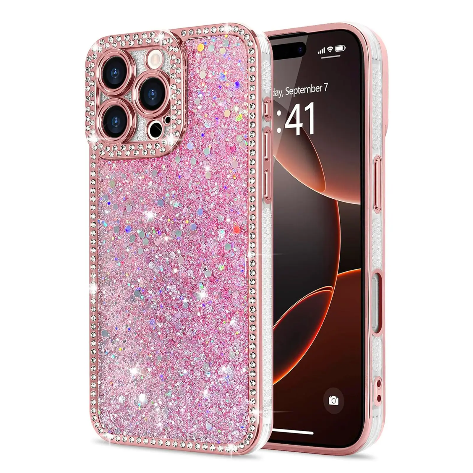Shiny Glitter Phone Cover with Shiny Crystals Slim Shockproof Protective Case for iPhone 16 Series Plus 12 13 14 15 PM Durable Pink Diamond Protection