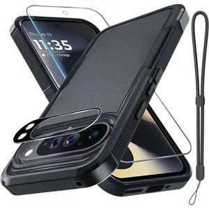 Case for  Pixel 9 Pro XL, Full  Heavy Duty Rugged Shockproof Protective Phone Cover with Lanyard Strap, Tempered Glass Screen Protector and Camera Lens Cover, Black Matte