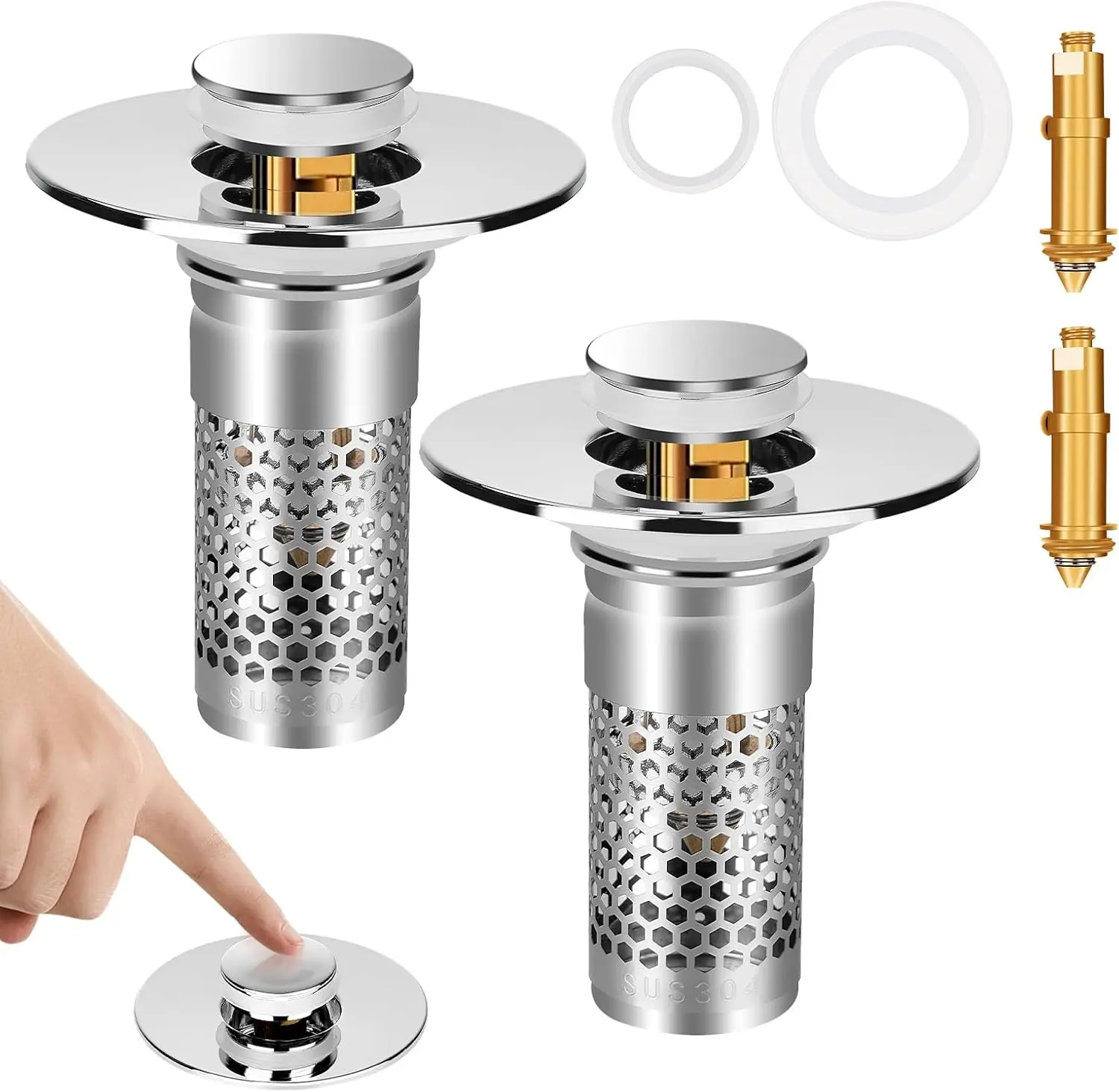 Stainless Steel Modern Bathroom Sink Stopper - Brass Bouncing Core Pop-Up Drain Plug, Removable Silicone Filter, Anti-Odor, Anti-Clogging, Standard Universal Size Modern Bathroom Accessory with Easy Installation, Metal