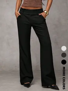 Women's Basic Plain Pocket Elegant Casual Fitted Flare Pants, Business Casual Women's Clothing, All-Season Ladies' Apparel