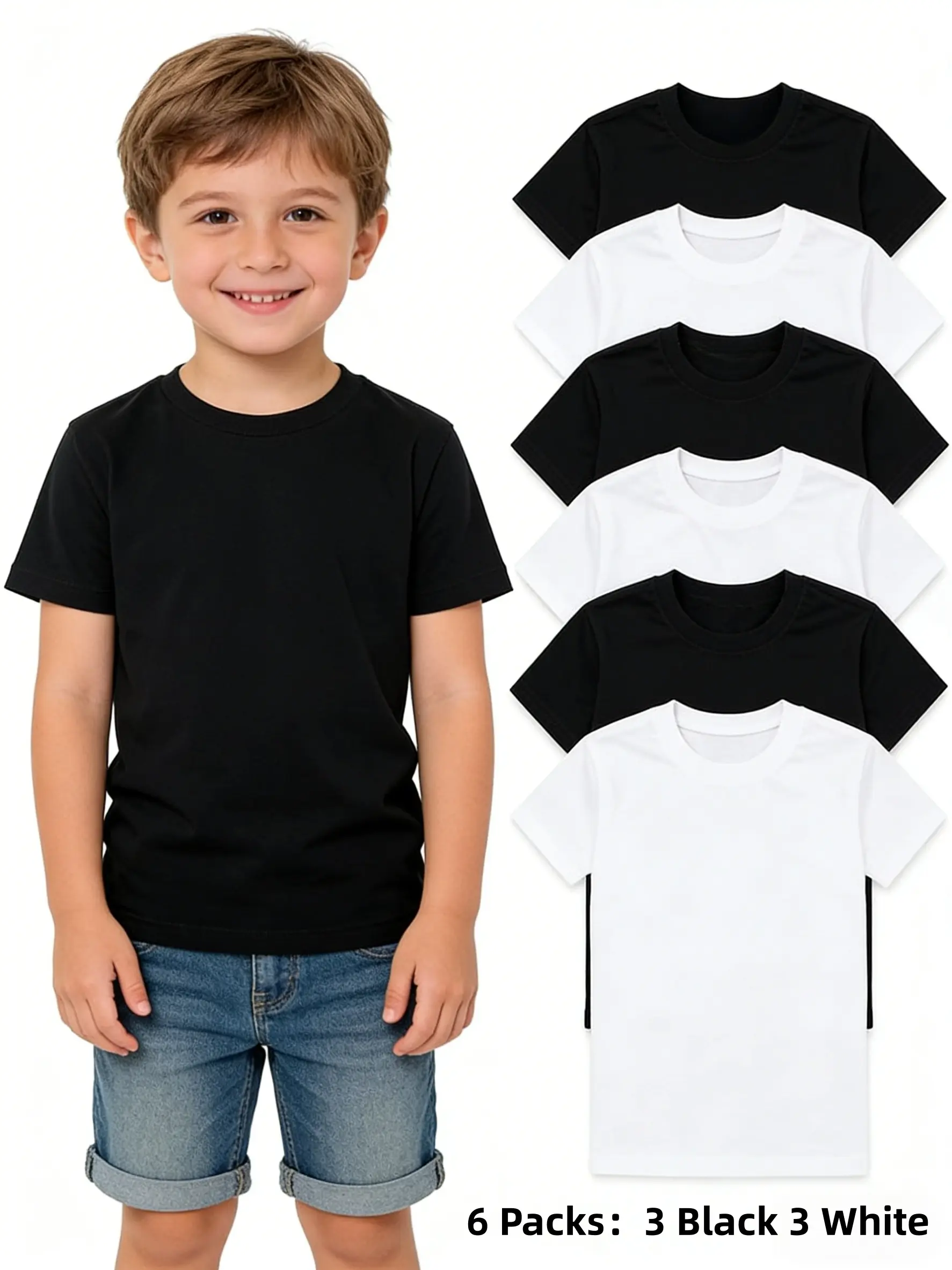 Boys' 6-Pack Short Sleeve Round Neck Daily Wear Fashion T-Shirts, Black & White Boys Clothing with Soft Breathable Medium-Stretch Polyester Fabric, Durable Stitching for 9-10 Years Kids
