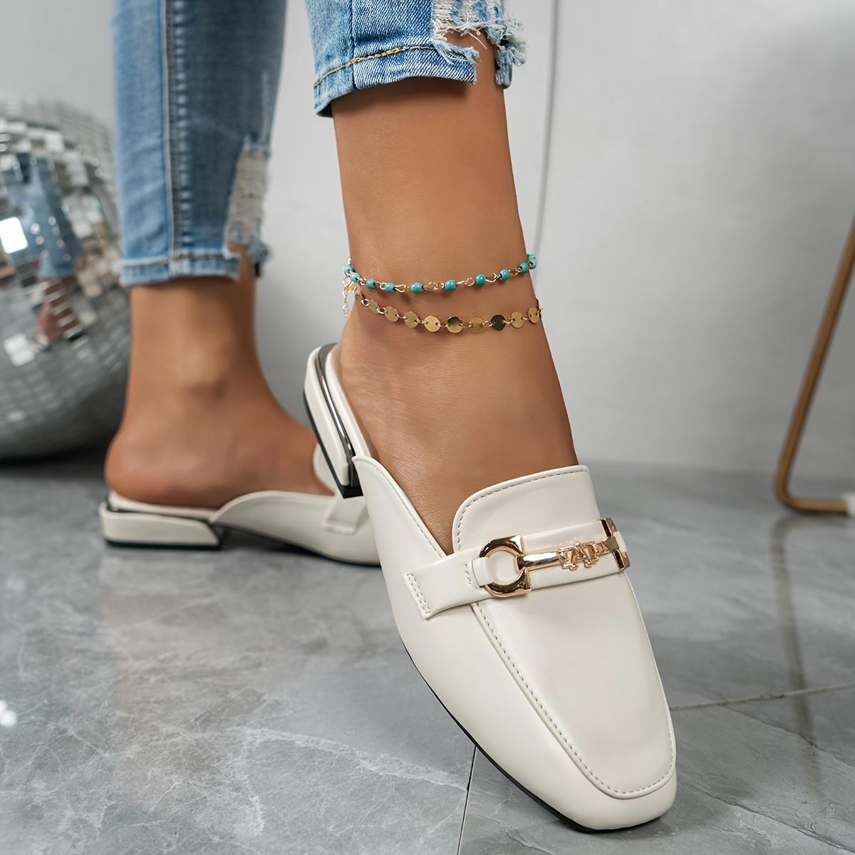 New Versatile Open-Toe Heeled Half Women'S Wear Metal Muller Shoes Lazy One-Step Flat And Loafer Shoes, Women Shoes