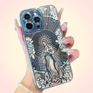 [Copyright] Virgin Mary Pattern Phone Case, Clear Soft TPU Shockproof Cover Phone Accessories for iPhone 16 Pro Max case 11 12 13 14 15 protector  de iphone case lip  gloss Luxury Shockproof phone cover Tempered Glass magnetic ring colorful retro Full-Cam