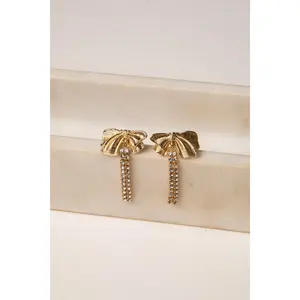Millie Gold Bow Rhinestone Chain Drop Earrings