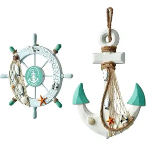 Jsdzsm Nautical Wall Decor 2 Pack, 11" Wooden Ship Wheel & 13" Anchor with Rope, Coastal Farmhouse Beach Wall Art for Living Room, Beach House Decorations for Home, Nautical Bathroom Decor, Outdoor Beach Decor