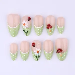 Spring Press On Nails with Daisy & Mushroom | Green Polka Dot French Tip Fake Nails in Medium Almond | Cute Handmade Nail Art