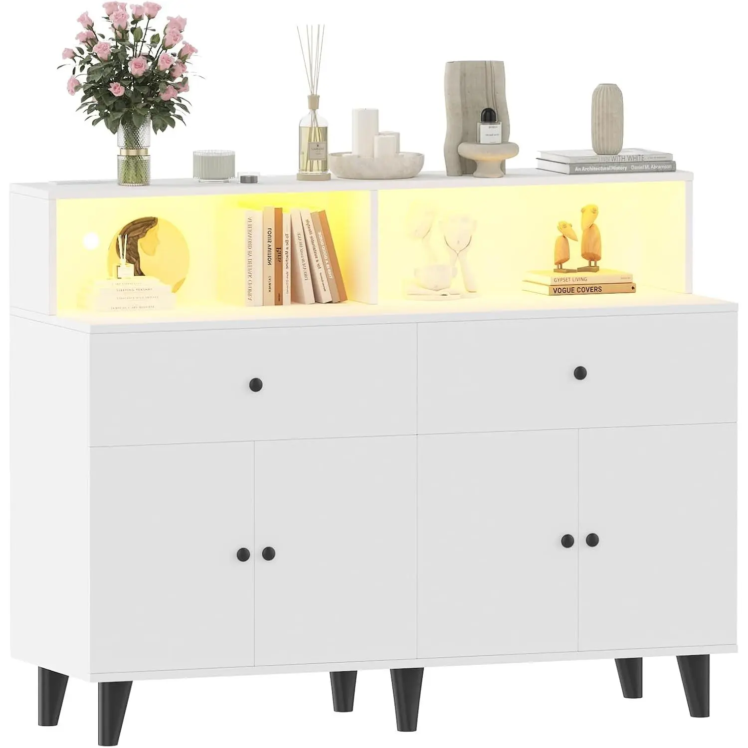 Mid-Century Modern White Wood Credenza - 6-Drawer Indoor Furniture with Shelves, Clean Design, Sturdy MDF Build, Metal Slides, Easy Setup, Integrated Coffee Bar Station for Living Room, Dining Room, Hassle-Free Support, With Drawers
