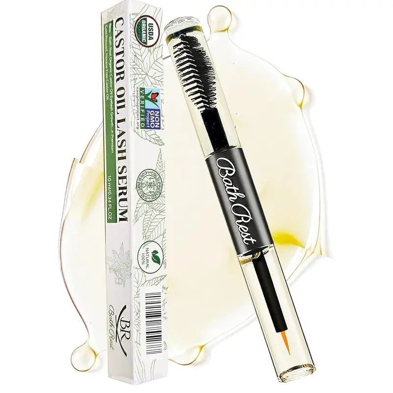 Certified Organic Cold Pressed Castor Oil Lash Serum Growth for Adults - USDA Certified 100% Pure Ricinus Communis, All-Skin Moisturizer, Unrefined Hexane-Free, 0.34 fl oz (10ml) with Mascara Wand