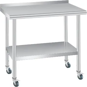 Stainless Steel Table Commercial Prep Work Table with Backsplash Adjustable Shelf 4 Caster Wheels for Kitchen Restaurant-B
