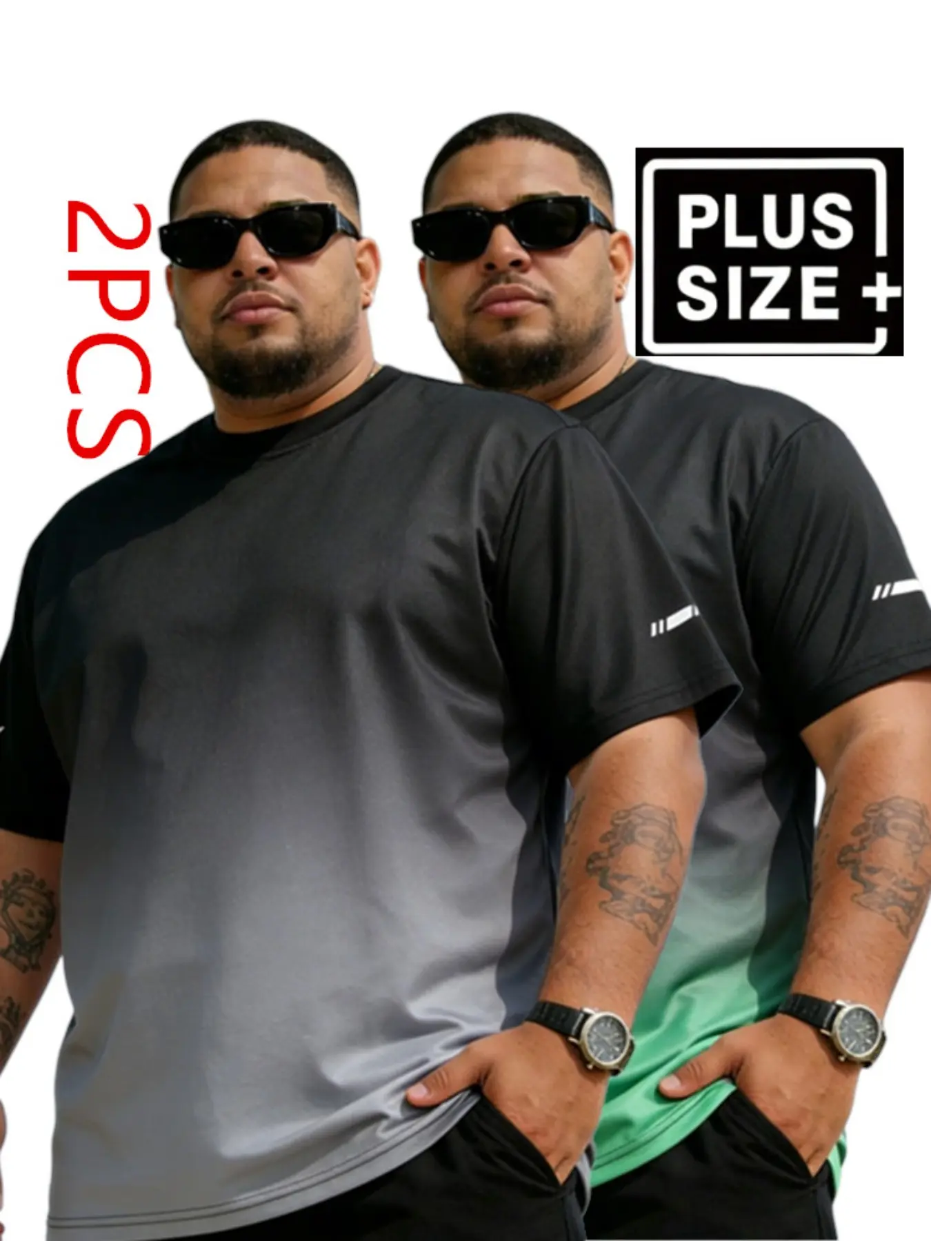 2 pieces of 1XL-6XL men's plus size gradient T-shirt, quick drying breathable short sleeved sportswear Fitness Apparel Gym T Shirts, Casual Workout Tops, Fitness T Shirt suitable for running, gym exercise, and daily use