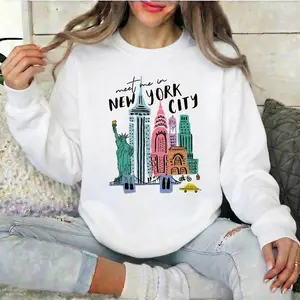 Meet Me In New York City Graphic Crewneck Sweatshirt for Women NYC Travel Aesthetic Pullover Statue of Liberty Skyline Doodle Art Long Sleeve Casual Cotton Blend Souvenir Top