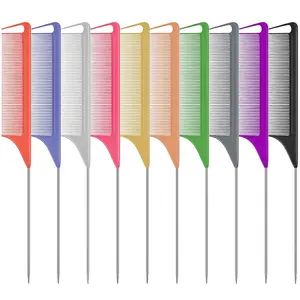 10 PCS Rat Tail Combs Set - Hair Teasing Fine Tooth Comb for Women Girls, Parting Comb for Braiding Hair Styling Tools & Appliances with Stainless Steel Pintail Carbon Fiber Heat Resistant Rainbow