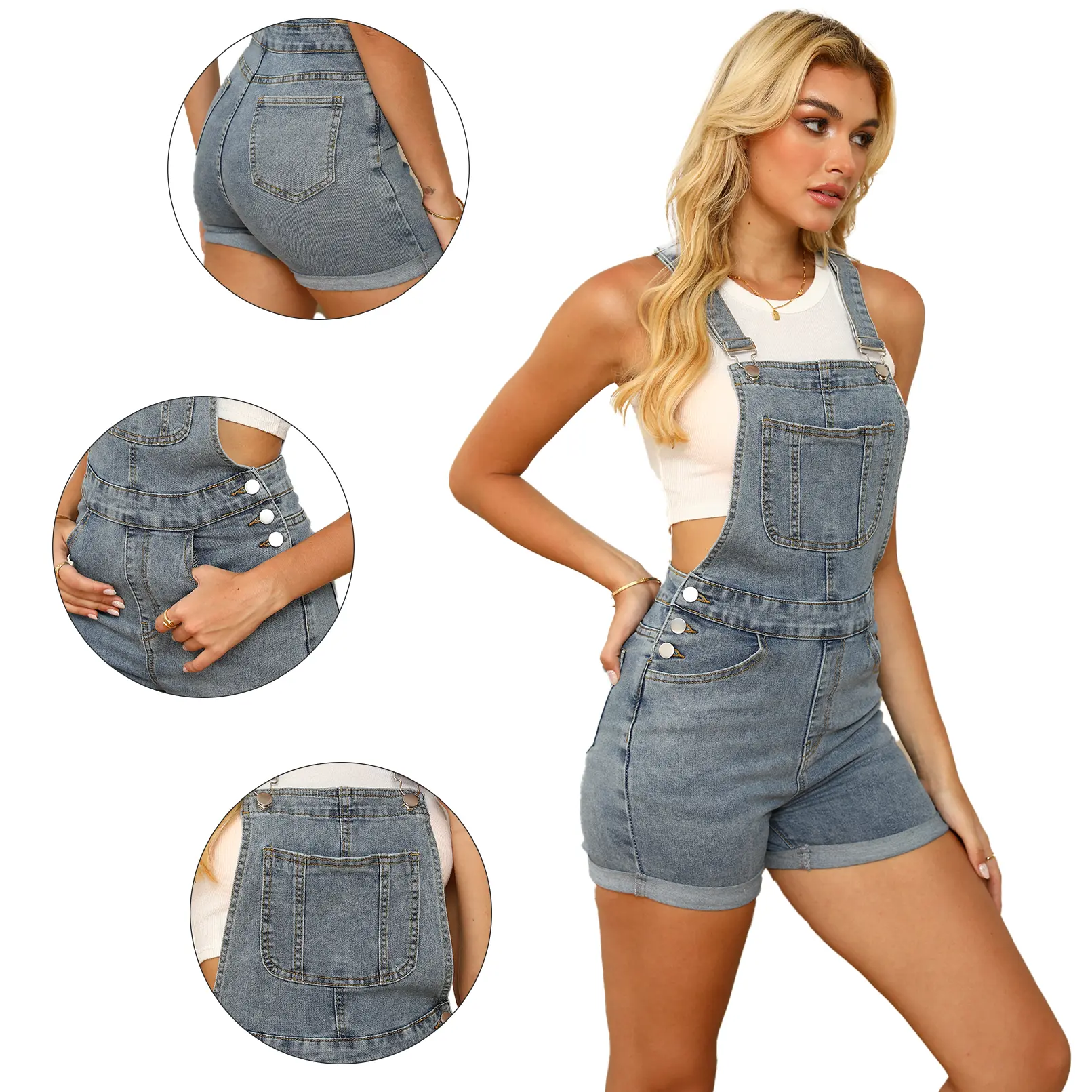 Light Blue Adjustable Strap Denim Overalls Shorts Comfortable Jean Romper for Summer Casual Retro Style with Front Button Accents and Chest Pocket