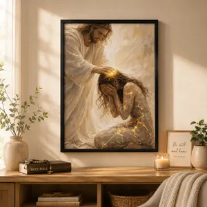 Jesus Christ Healing Woman Canvas Print - Kintsugi Style Christian Wall Art - Religious Home Decor for Living Room - Restoration & Hope Faith Painting wall decor religious print tiktokshopspringglowup modern abstract