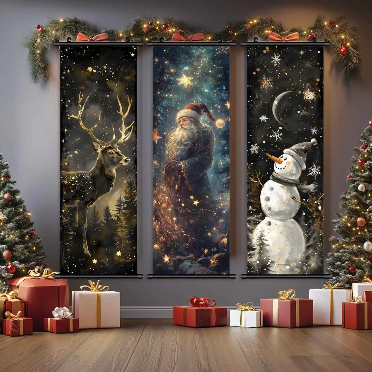 3-Piece Christmas Wall Art Set, Santa Claus & Golden Deer Posters, Modern Home Decor, Waterproof HD Prints, Gift Box Included