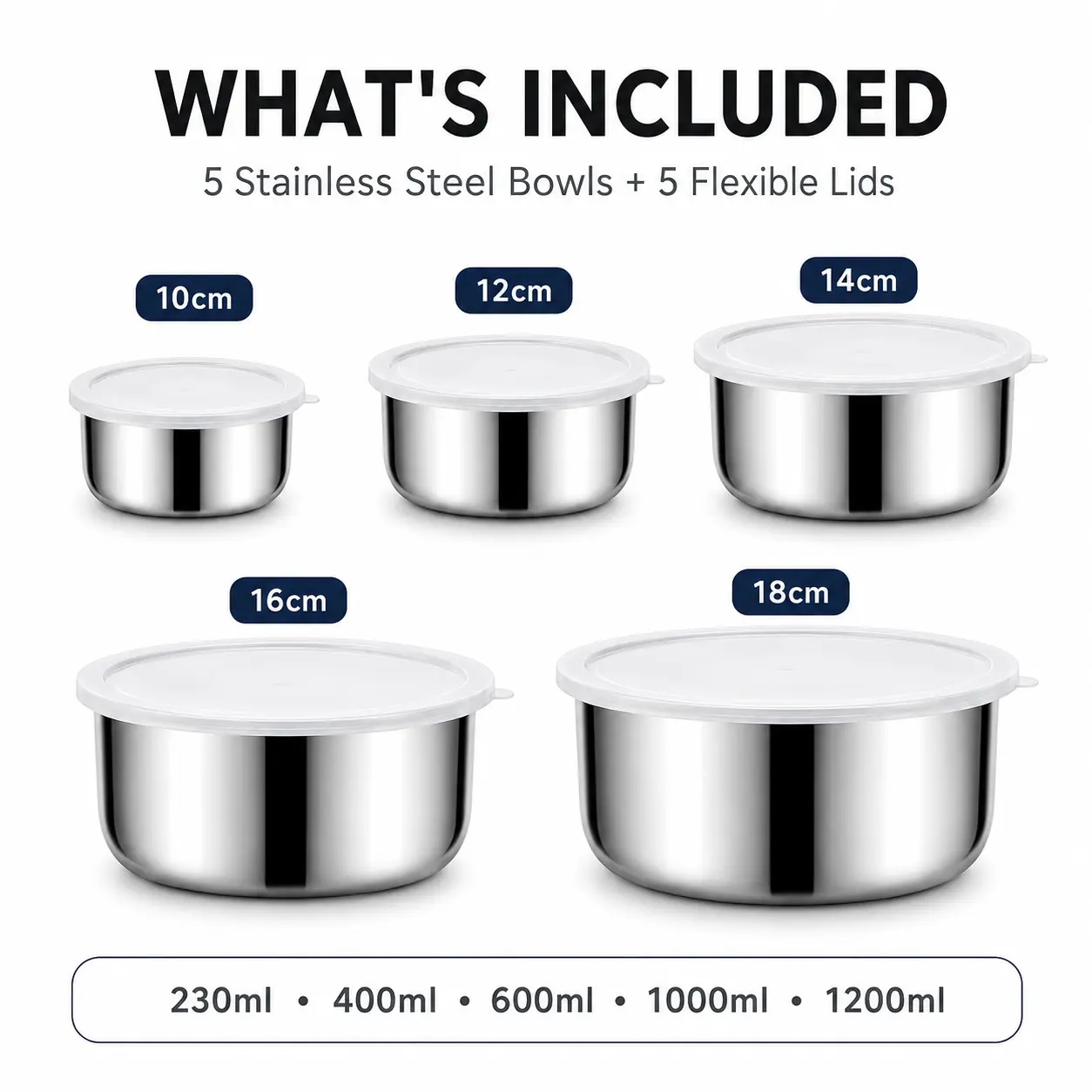 Stainless Steel Food Storage Bowls, 5-Piece Round Nesting Stackable Set with Flexible Lids, Reusable 230ml-1200ml Meal Prep Containers for Leftovers, Kitchen, Picnic