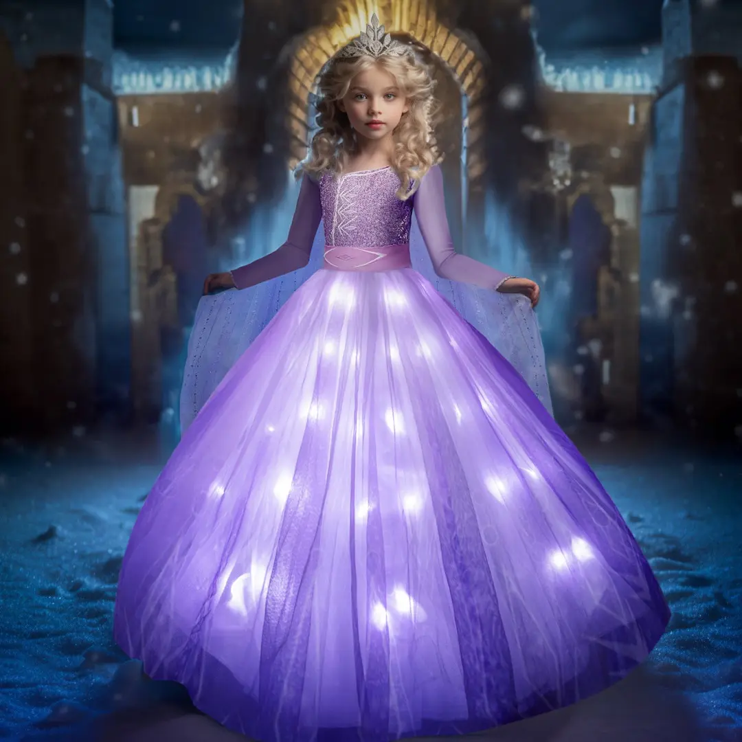 UPORPOR Girls' Waterproof LED Light-Up Princess Costume - Purple Themed Costumes with Accessories for Halloween, Birthday Party Gifts (Girlshalloweencostumes), Costume Outfit