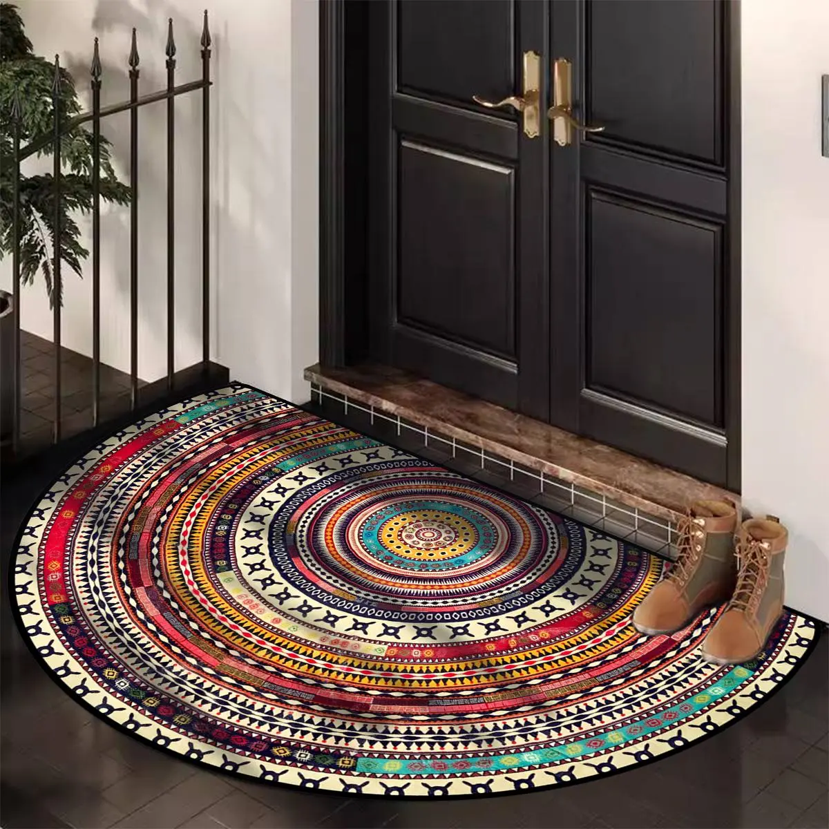Boho Style Semicircular Door Mat, Non-slip Soft Floor Carpet, Washable Decorative Area Rug for Home Living Room Bedroom Kitchen, Decorative Rugs