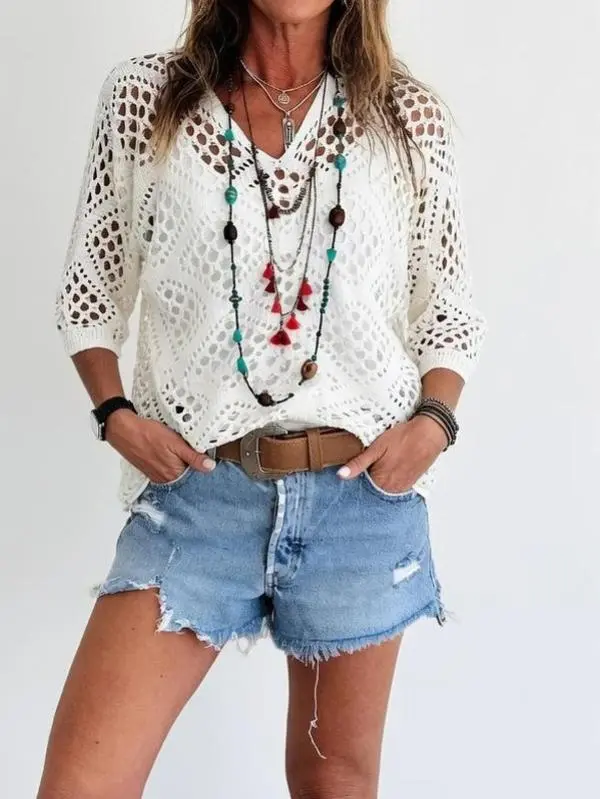 Phefee Women's Boho Crochet Top, 100% Cotton Hollow Out V Neck Pullover, Lightweight 3/4 Sleeve Summer Beach Knitwear, Essential, Everyday, Basic, Oversized