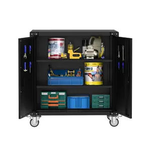 Garvee Rolling Tool Cabinet – Cold Rolled Steel Cabinet (89x49x25 cm) with Wheels, Double Doors, Black, for Workshop, Office & Storage