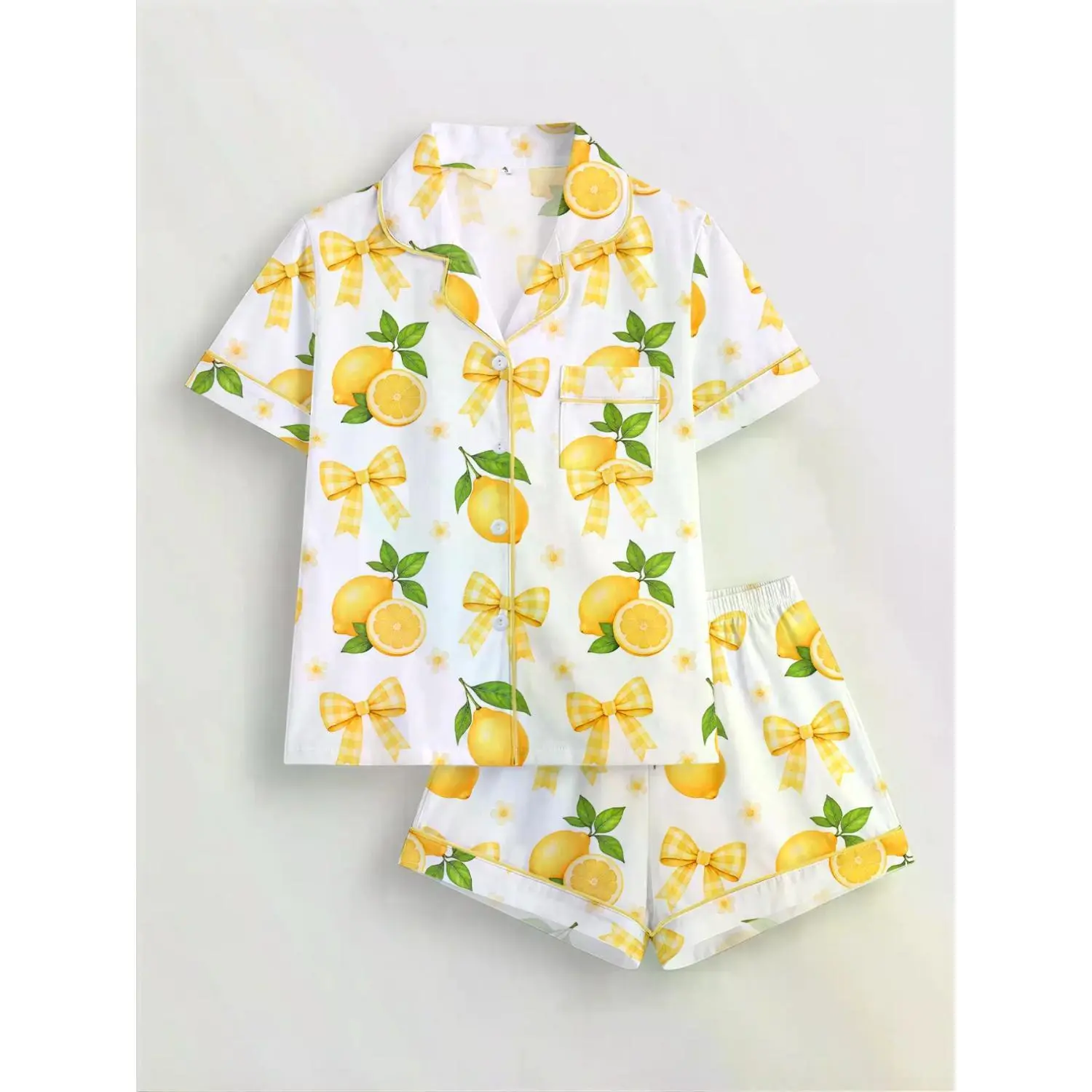 Women's Lemon & Bowknot Print Short Sleeve Pajama Set, Button-Up Top & Elastic Waist Shorts, Casual Sleepwear & Loungewear for All Seasons