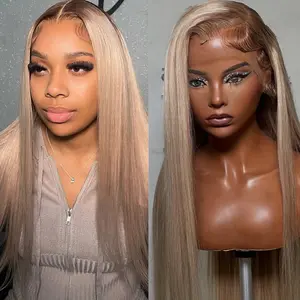 32 Inches Brown Roots Ash Blonde Colored Straight Human Hair Wig 13X4 Lace Frontal Wigs Transparent Lace 200% Density Ombre Ash Blonde Pre-Plucked With Baby Hair Human Hair Wig For Women, Wedding, Daily Wear,summervibes