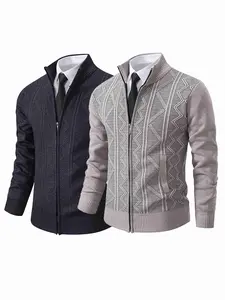 Men's 2-Pack Stand Collar Long Sleeve Zip Cardigan, Coffee Color Polyester Fabric, Geometric Texture, Windproof Design, Fall & Winter Casual Wear, Knitwear
