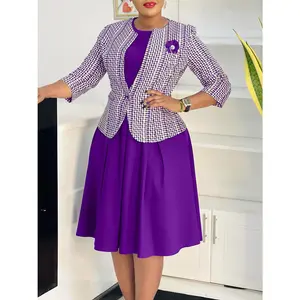 D3346 Women's Purple Houndstooth Tweed Blazer & Dress 2-Piece Set 3/4 Sleeve Elegant Cocktail Party Outfit for Stylish Occasions