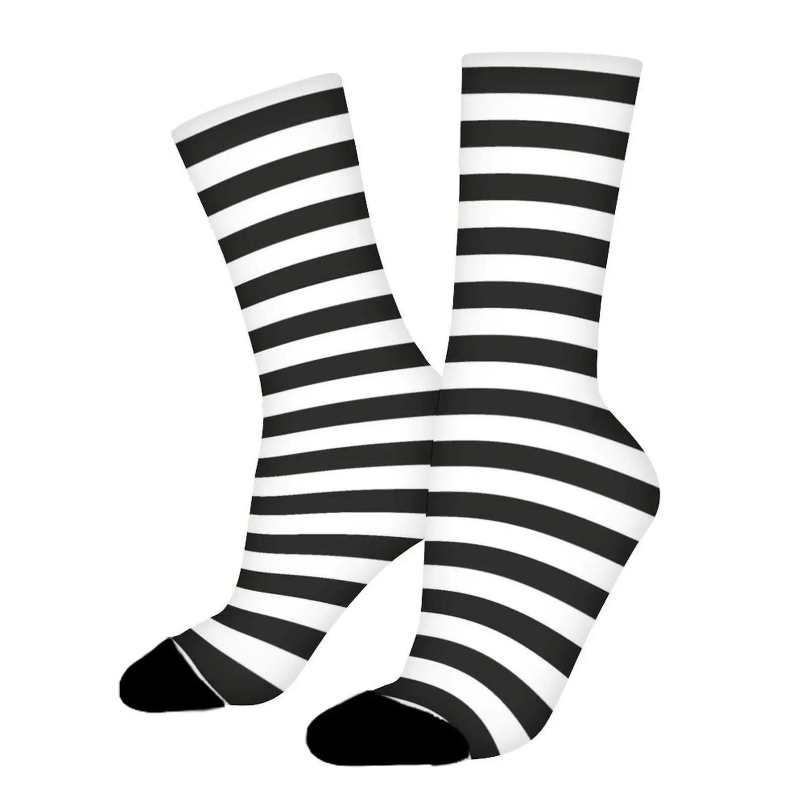 Black White Horizontal Striped Crew Socks Classic Stripe Pattern Trendy Fashion Comfortable Elastic Breathable Polyester Daily Casual Socks Unisex 1 Pair