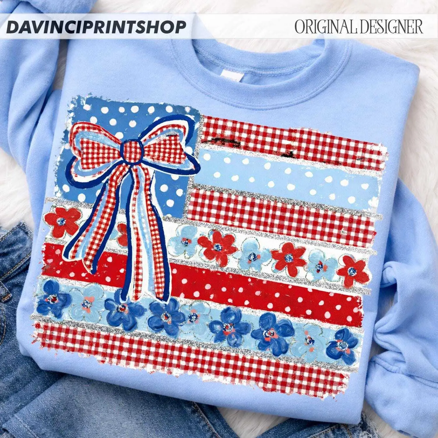 Coquette American Flag s, Patriotic Bow Ditsy Floral, Checkered USA Design, Retro Brushstroke, 4th of July Sublimation DTF Digital File